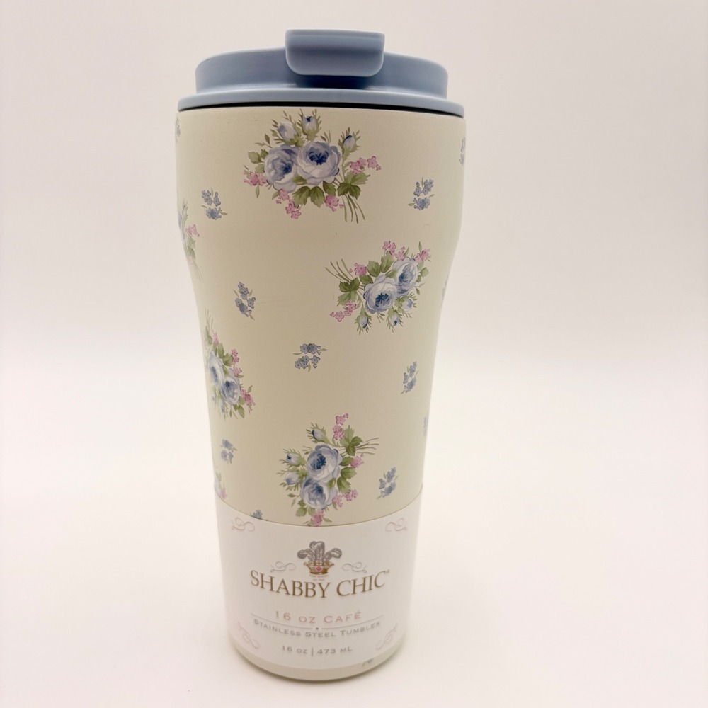Shabby Chic Rachel Ashwell 16 oz Stainless Cafe Tumbler Blue Floral Travel Mug